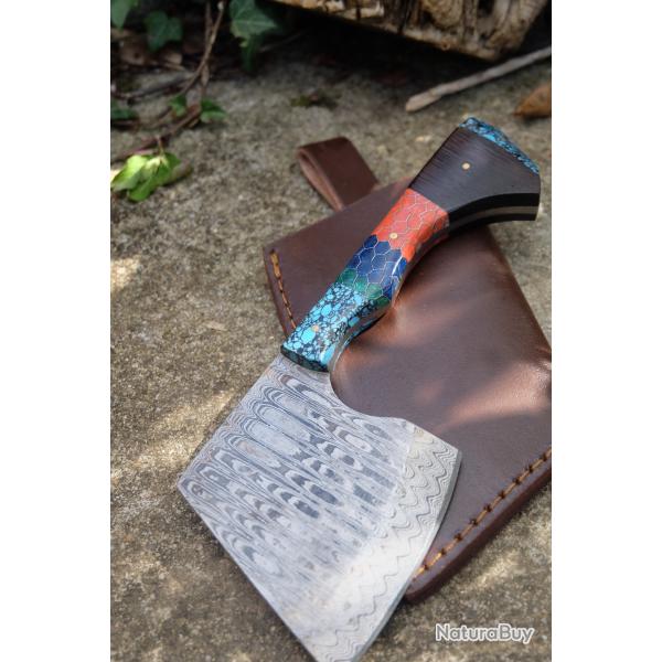 Couteau d'Esquimau Inuit Ulu Hachette Lame Acier Damas 256 Couches Manche Bois/R�sine Etui Artisanat