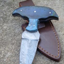 Push Dagger Damas 256 Couches Double Tranchant Manche Bois & R&eacute;sine Etui CUir Fabric Artisanale