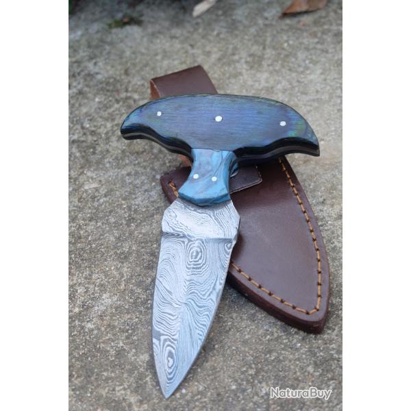 Push Dagger Damas 256 Couches Double Tranchant Manche Bois & R�sine Etui CUir Fabric Artisanale