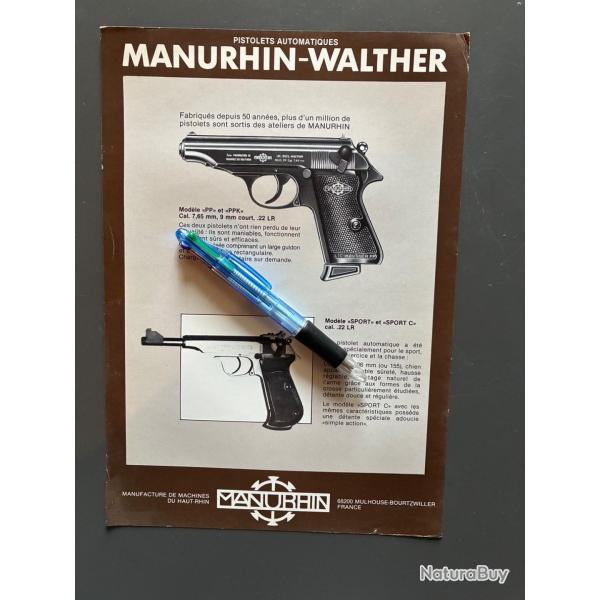 Flyer Feuillet technique Manurhin pistolet Walther PP PPK PPK/S SPORT Cal. 7,65, 9mm court, 22lr