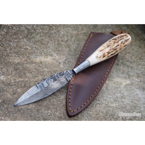 Couteau De Chasse Skinner Lame Acier Damas 256 Couches Manche Bois de Cerf Etui Cuir Camping EDC