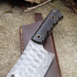 Couteau De Cuisine Hachoir Lame Acier Damas 256 Couches Martel&eacute;e Manche Micarta Etui Cuir