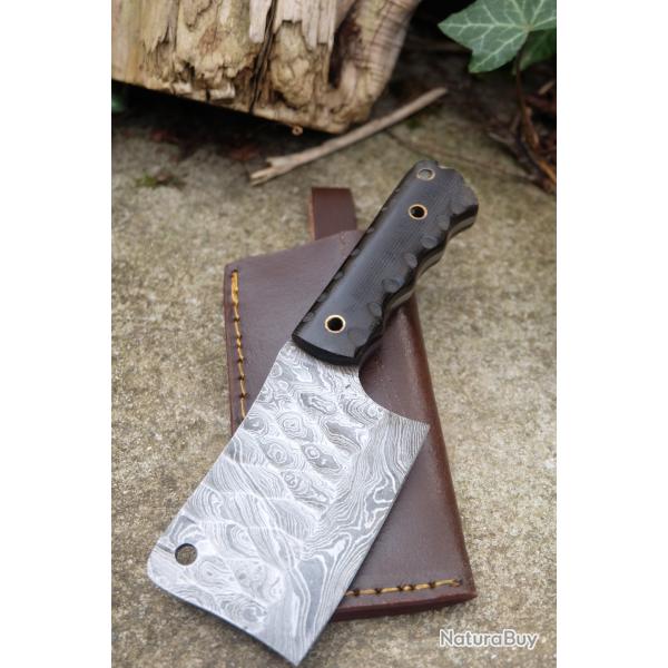 Couteau De Cuisine Hachoir Lame Acier Damas 256 Couches Martel�e Manche Micarta Etui Cuir