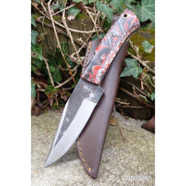 Couteau Skinner Bushcraft Lame Clip Point Acier Carbone 1075 Manche R�sine Etui Cuir Artisanale