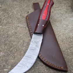 Couteau Skinner Scimitar Lame Acier Damas 256 Couches Manche Bois Etui Cuir Fabric Artisanale 01