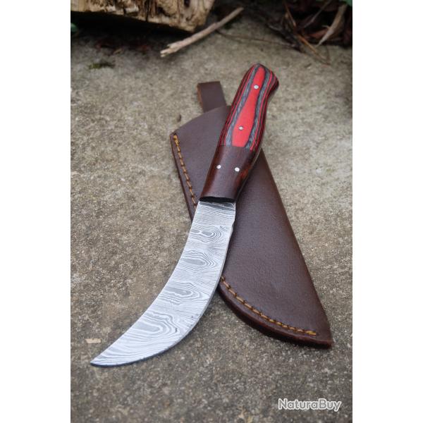 Couteau Skinner Scimitar Lame Acier Damas 256 Couches Manche Bois Etui Cuir Fabric Artisanale 01