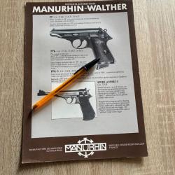 Flyer Feuillet technique Manurhin pistolet Walther PP PPK PPK/S SPORT  C Cal. 32ACP, 38ACP, 22lr