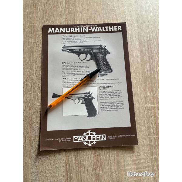 Flyer Feuillet technique Manurhin pistolet Walther PP PPK PPK/S SPORT  C Cal. 32ACP, 38ACP, 22lr
