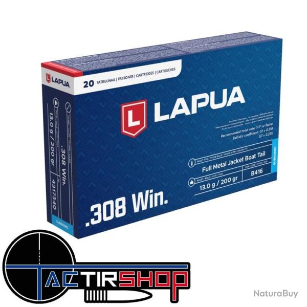 Munitions Lapua Subsonic FMJBT 308 Win 200gr B416 boite de 20
