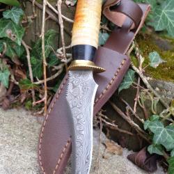 Couteau Poignard Lame Acier Damas 256 Couches Manche Os Garde Laiton Etui Cuir Fabric Artisanale