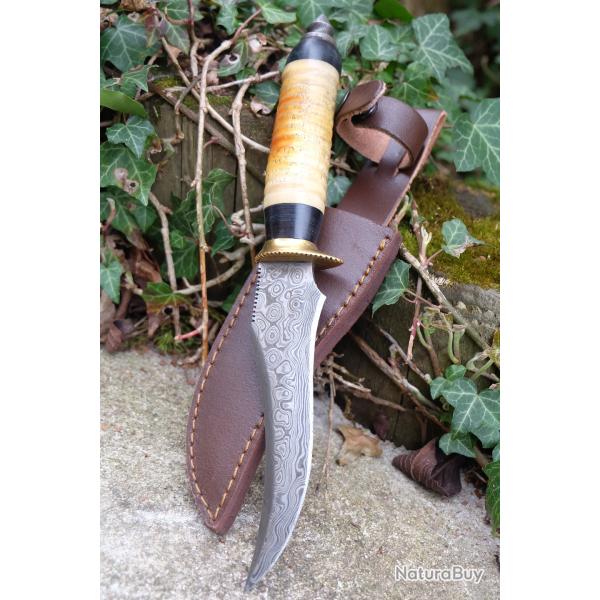 Couteau Poignard Lame Acier Damas 256 Couches Manche Os Garde Laiton Etui Cuir Fabric Artisanale