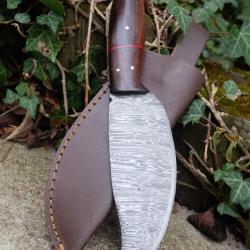 Couteau Skinner D&eacute;coupe Damas Lame Acier 256 Couches Manche 2 Bois Etui Cuir Fabr Artisanale