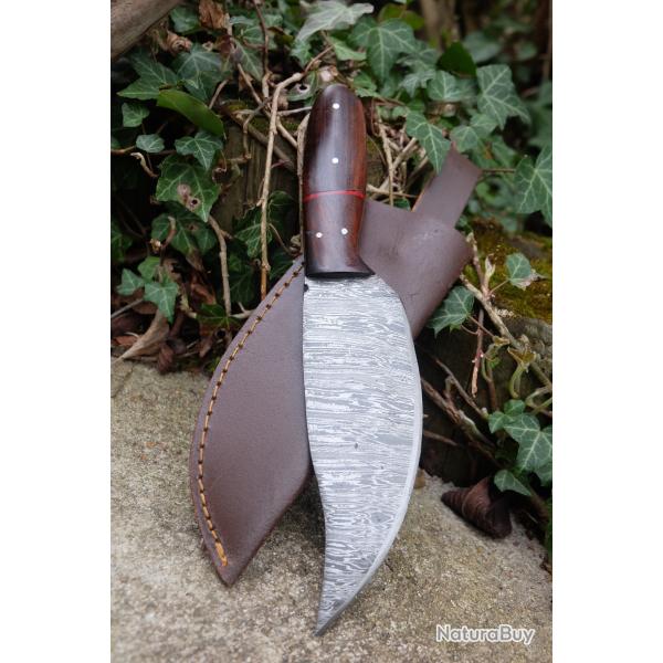 Couteau Skinner D�coupe Damas Lame Acier 256 Couches Manche 2 Bois Etui Cuir Fabr Artisanale