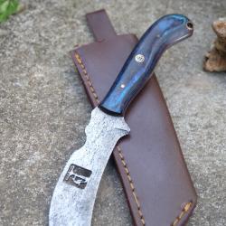 Couteau Skinner Damas Lame Serpette Acier 256 Couches Manche Bois Etui Cuir Fabricat Artisanale