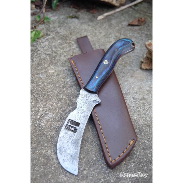 Couteau Skinner Damas Lame Serpette Acier 256 Couches Manche Bois Etui Cuir Fabricat Artisanale