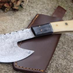 Couteau d'Esquimau Inuit Ulu/Hachoir Lame Acier Damas 256 Couches Manche Os Etui Cuir Fab Artisan