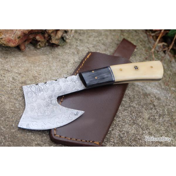 Couteau d'Esquimau Inuit Ulu/Hachoir Lame Acier Damas 256 Couches Manche Os Etui Cuir Fab Artisan