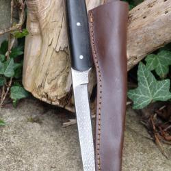Skinner Couteau de Rando Fa&ccedil;on Damas Lame Acier Carbone Manche Micarta Fab Artisanale Etui Cuir