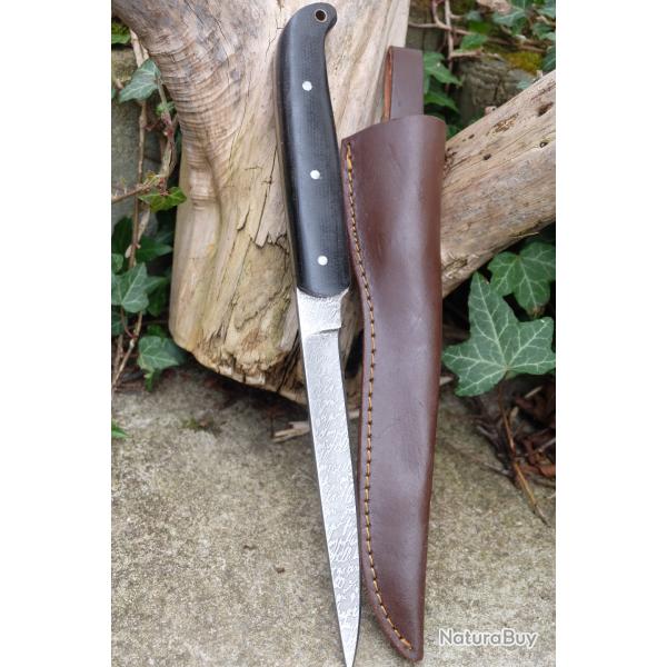 Skinner Couteau de Rando Fa�on Damas Lame Acier Carbone Manche Micarta Fab Artisanale Etui Cuir