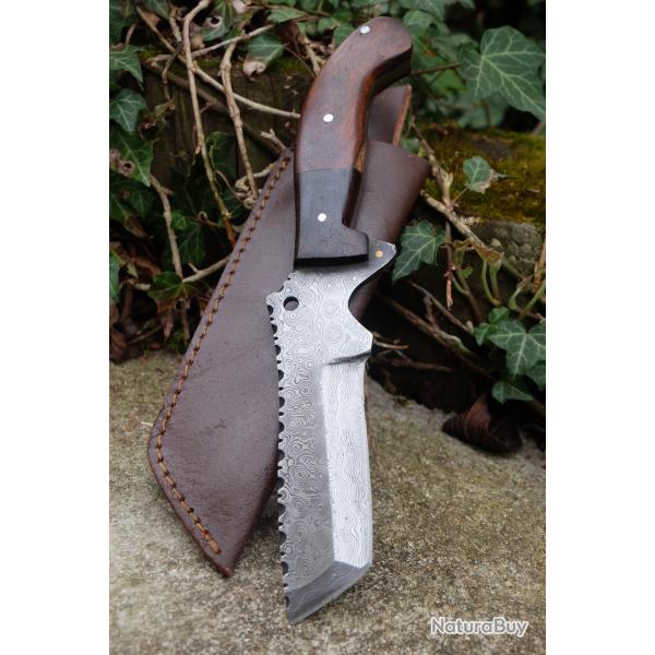 Couteau Tanto Damas Lame Trakker Acier 256 Couches Guillochage Manche Bois Etui Cuir Fabric Artisan