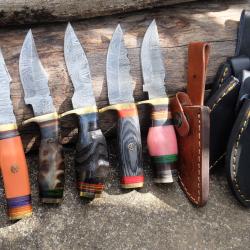 LOT DE 5 Couteau Skinner Damas Lame 256 Couches Manche Bois /Corne / Os Fabric Artisanale Etui Cuir