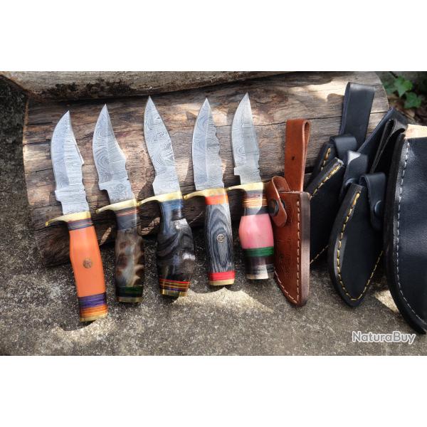 LOT DE 5 Couteau Skinner Damas Lame 256 Couches Manche Bois /Corne / Os Fabric Artisanale Etui Cuir