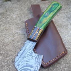 Couteau d'Esquimau Inuit Ulu/Hachoir Lame Acier Damas 256 Couches Manche Bois Etui Cuir Fab ArtisanA