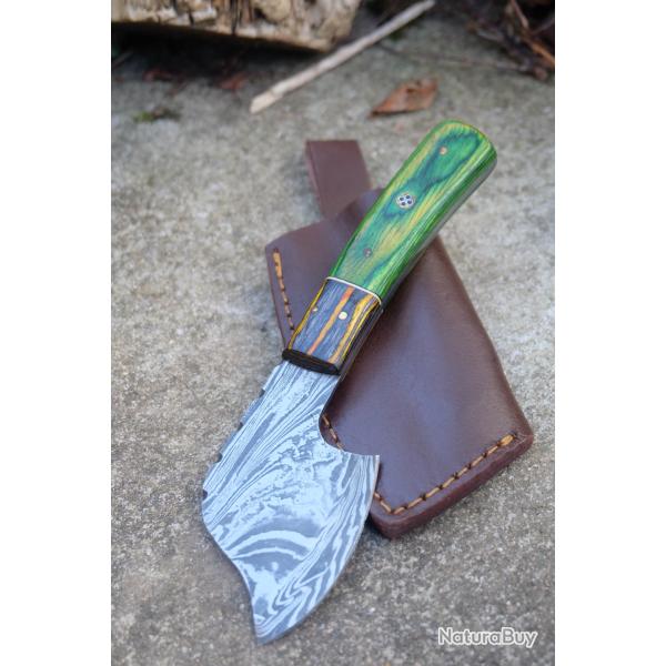 Couteau d'Esquimau Inuit Ulu/Hachoir Lame Acier Damas 256 Couches Manche Bois Etui Cuir Fab ArtisanA