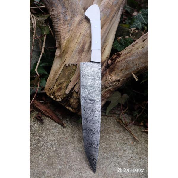 Couteau De Cuisine de Chef Lame Acier Damas 256 Couches Manche R�sine Neige Acier Fabric Artisanale