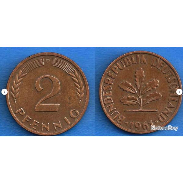 Allemagne 2 Pfennig 1961 Mint D RFA Piece Deutsche Mark