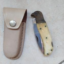 A SAISIR - Beau couteau pliant manche os mitres laiton t&ecirc;te d'aigle lame de 9CM, ferm&eacute; 11cm en TBE