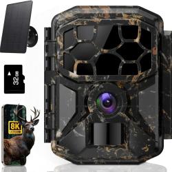 Cam&eacute;ra de Chasse Solaire 8K 60MP WiFi Vision Nocturne 20m D&eacute;tection 0.1s IP66 + SD 32Go