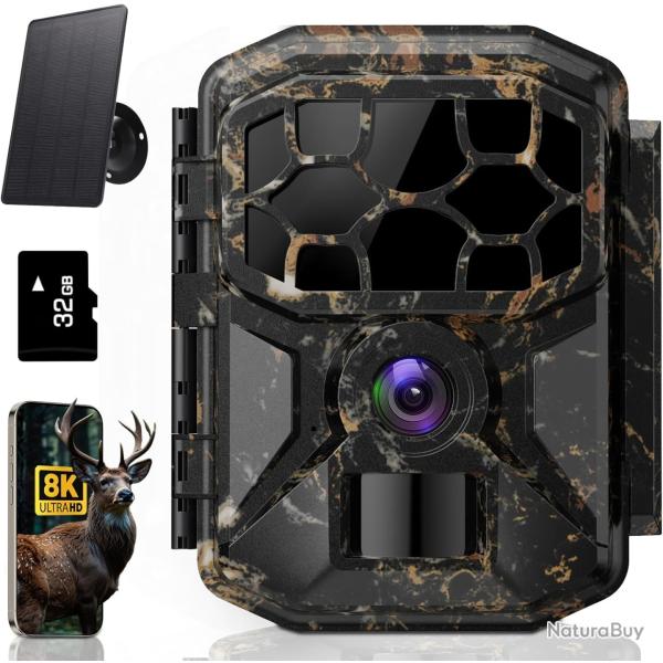 Cam�ra de Chasse Solaire 8K 60MP WiFi Vision Nocturne 20m D�tection 0.1s IP66 + SD 32Go