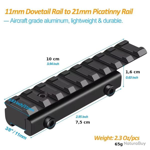 Adaptateur de rail tactique de 11mm � 21mm - Aluminium