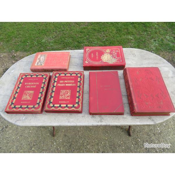 Lot de 6 livres ancien en percaline rouge, anciens livres de prix scolaire - FRANCE (Vers 1900)