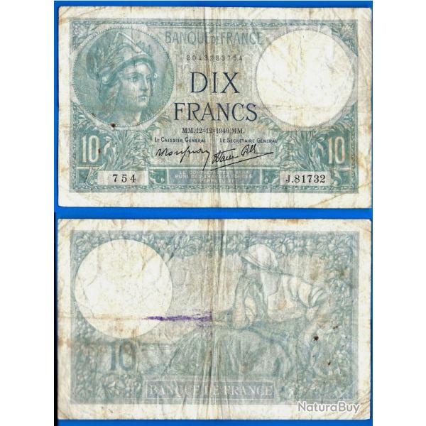 France 10 Francs 1940 Minerve 5 Decembre Serie T Billet Frcs Frs Frc