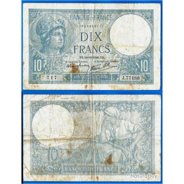 France 10 Francs 1940 Minerve 10 Octobre Serie J Billet Frcs Frs Frc