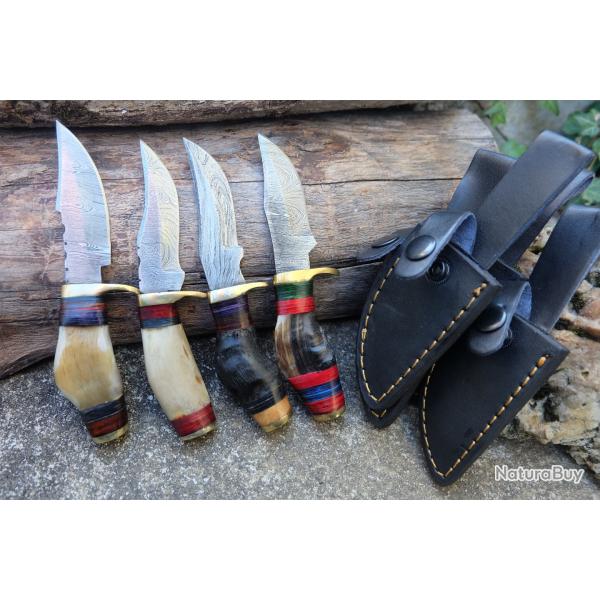 LOT DE 4 Couteau Skinner Damas Lame 256 Couches Manche Corne de B�lier Fab Artisanale Etui Cuir