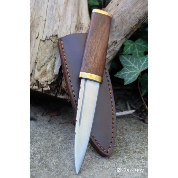 Couteau Dague Scottish Dirk Sheffield Sgian Dubh Lame Acier Carbone 1055 Manche Bois Etui Cuir