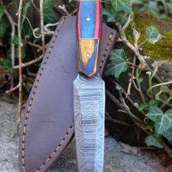Couteau Dague Scottish Dirk Lame Acier Damas 256 Couches Manche 3 Bois Etui Cuir Fabric Artisanale