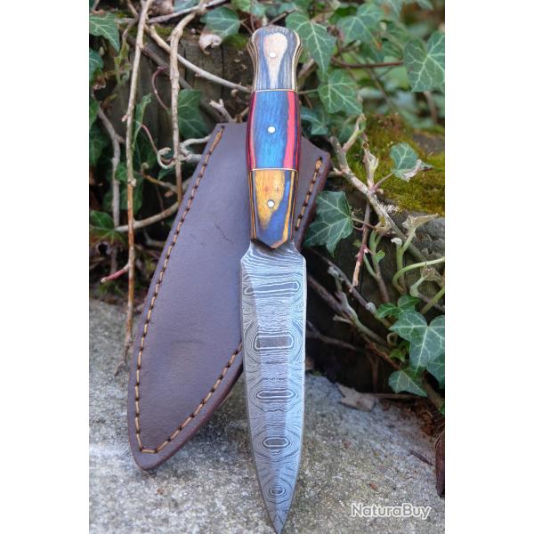 Couteau Dague Scottish Dirk Lame Acier Damas 256 Couches Manche 3 Bois Etui Cuir Fabric Artisanale