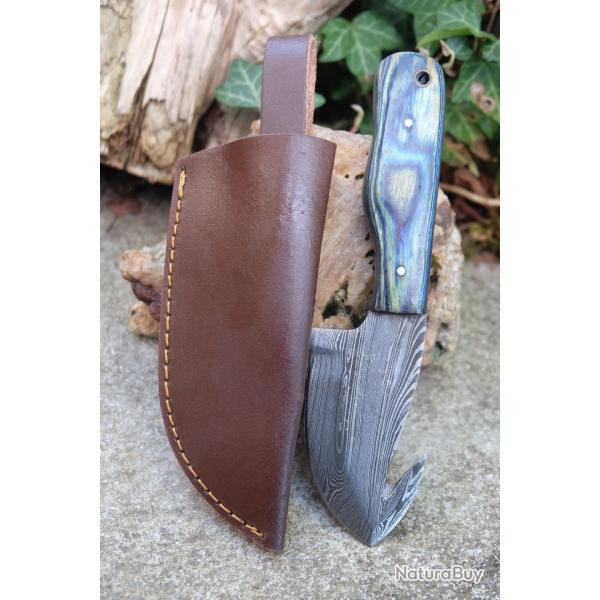 Guthook Couteau Damas Lame 256 Couches Crochet Manche Bois Fabrication Artisanale Etui Cuir 001