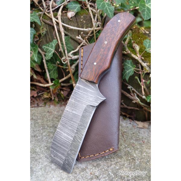 Couteau Puukko Skinner Damas Lame 256 Couches Lame Sheepfoot Manche Bois Artisanale Etui Cuir