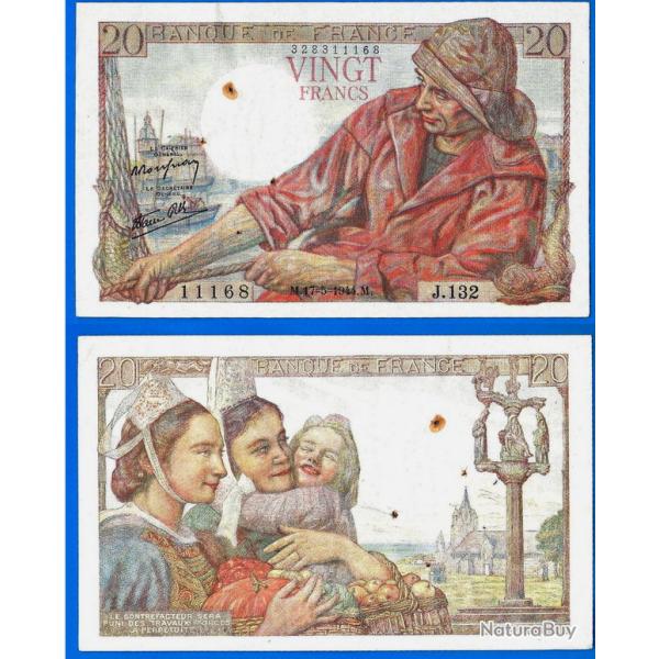 France 20 Francs 1944 Pecheur Billet Franc