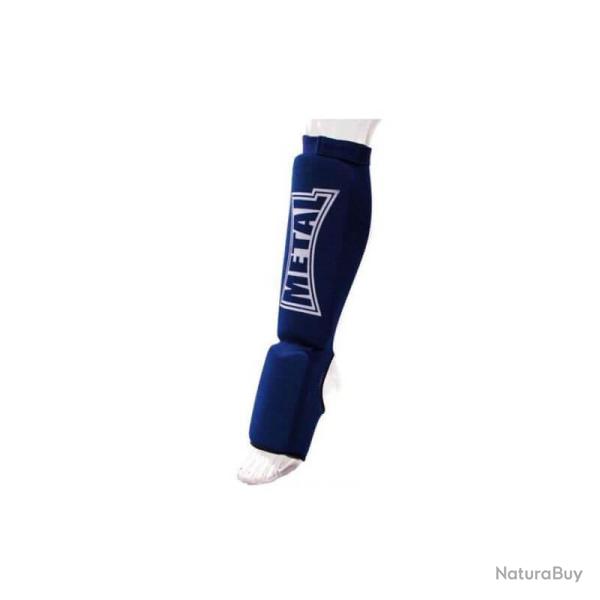 Metal Boxe Protege Tibia + Pied, Mousse Eva, Coton, Elastique Bleu Large