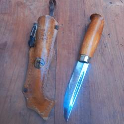 Joli Couteau PUUKKO LISAKKI JARVENP&Auml;&Auml;  FINLAND Manche en Bois avec Fourreau en Cuir