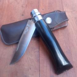 Joli Couteau OPINEL N8 Inox Manche en Corne de Buffle avec &Eacute;tui en cuir