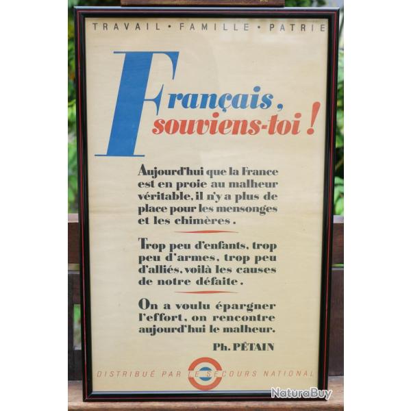 rare Affiche encadr�e ��Fran�ais souviens toi�!�� vers 1941 Secours Populaire REF SDC25PET003