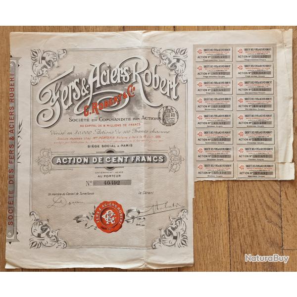 Fers et Aciers Robert et Compagnie Action 100 Francs 1894