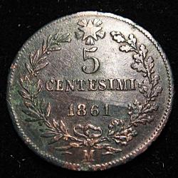 Italie , piece de 5 centesimi de 1861 M TTB VITTORIO EM II